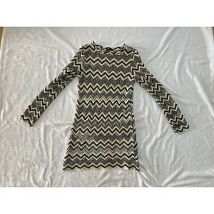 Zara Dress Womens Small Cream Black Crochet Knit Chevron Long Sleeve Mini